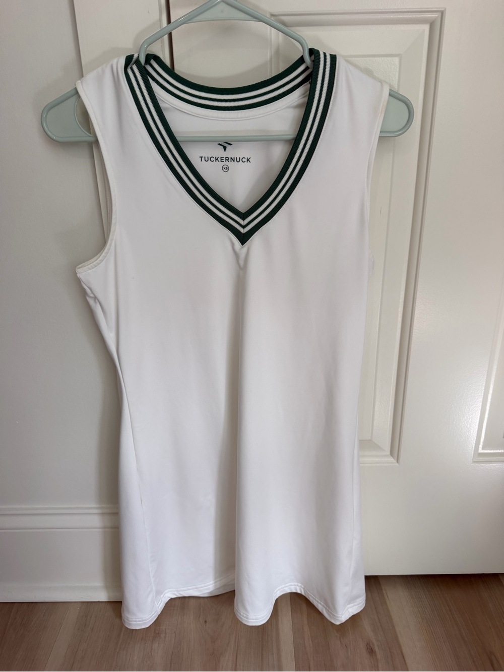 Tuckernuck White Sleeveless V-Neck dress with Green Stripe Trim